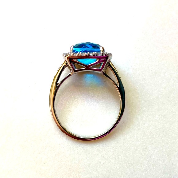 BRAND NEW Swiss Blue Topaz Diamond Halo Ring, 10k White Gold, Sz 6 - Picture 10 of 10